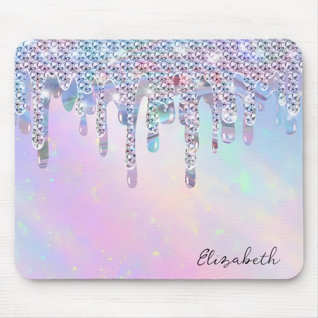 Trendy Rainbow Glitter Drips Holographic Mouse Pad (Front)