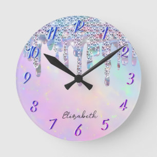Trendy Rainbow Glitter Drips Holographic Round Clock
