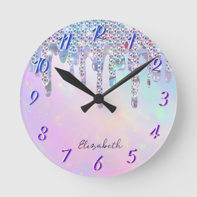 Trendy Rainbow Glitter Drips Holographic Round Clock (Front)