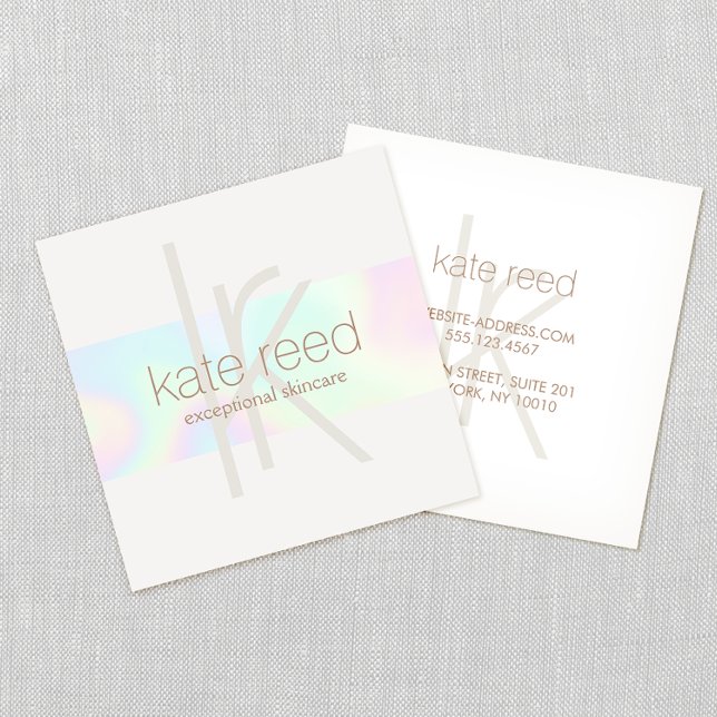 Trendy Rainbow Holographic Monogram Stripe Square Business Card (Creator Uploaded)