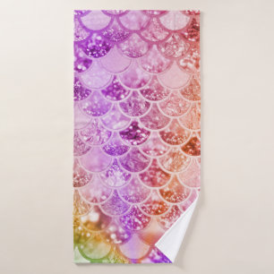 Trendy Rainbow Ombre Glitter Mermaid Fish Scales Bath Towel Set
