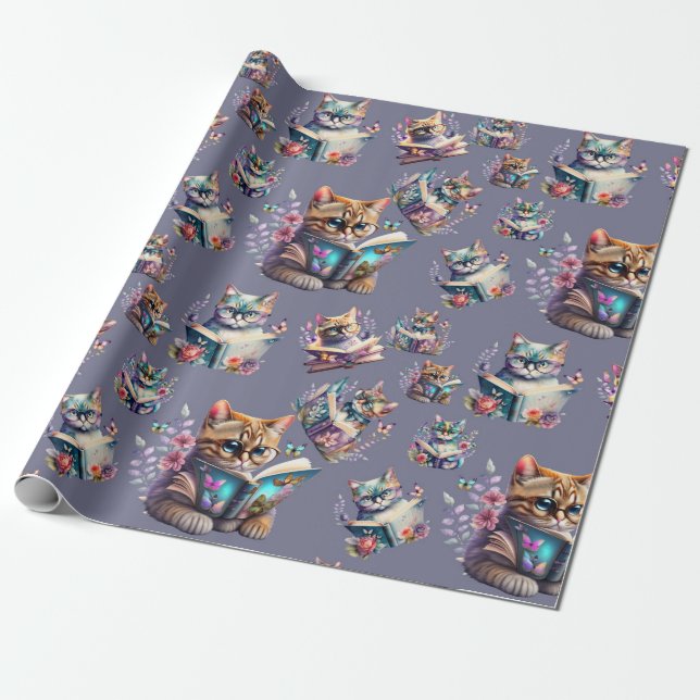 Trendy Reading Cats Wrapping Paper (Unrolled)