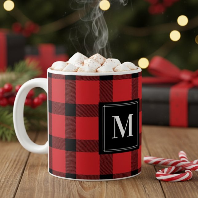 Trendy Red and Black Buffalo Plaid Monogrammed Coffee Mug (Trendy Red & Black Buffalo Plaid Monogrammed Coffee Mug - Just Add Your Personal Monogram or Initial)
