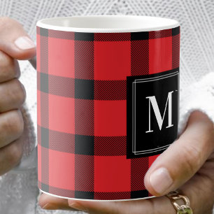 Trendy Red and Black Buffalo Plaid Monogrammed Coffee Mug