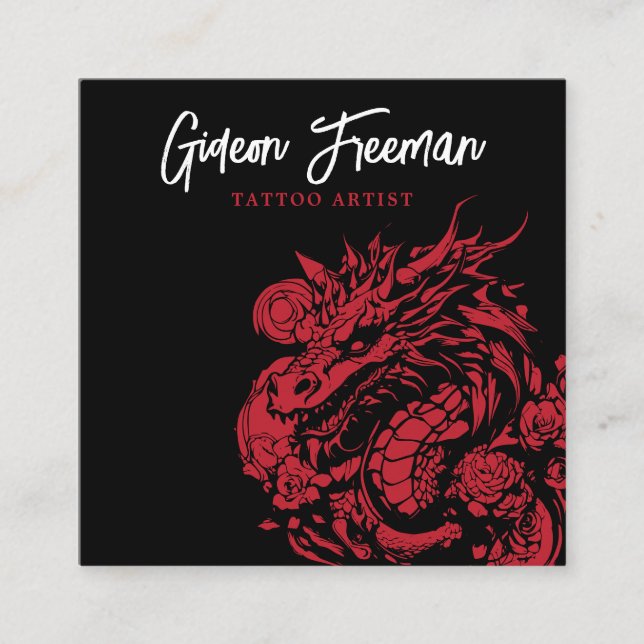 Trendy Red and Black Dragon Tattoo Artist Square Business Card (Front)