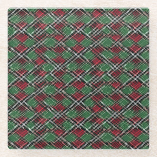 Trendy Red and Green Christmas Plaid Pattern Glass Coaster