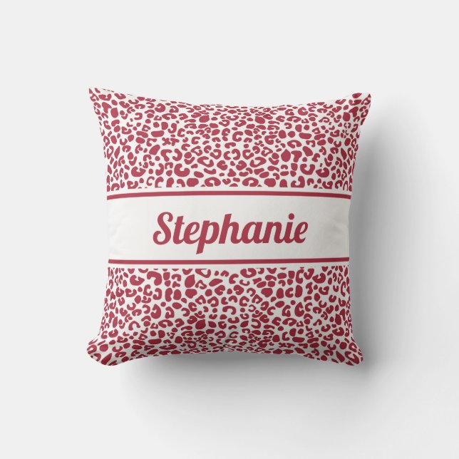 Trendy Red and White Leopard Print With Name Cushion (Front)