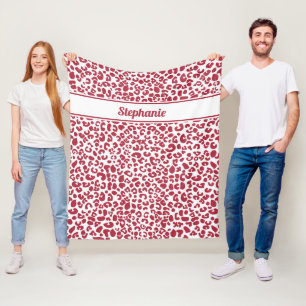 Trendy Red and White Leopard Print With Name Fleece Blanket
