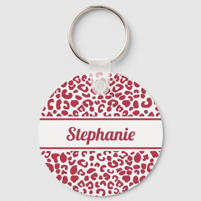Trendy Red and White Leopard Print With Name Key Ring (Front)