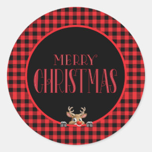 Trendy Red Black Buffalo Check with Reindeer Classic Round Sticker