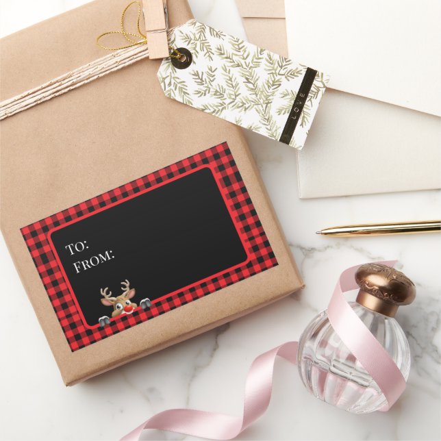 Trendy Red Black Buffalo Check with Reindeer  Rectangular Sticker (Gifting)