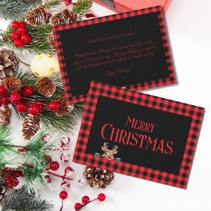 Trendy Red Black Buffalo Paid with Cute Reindeer  Holiday Card