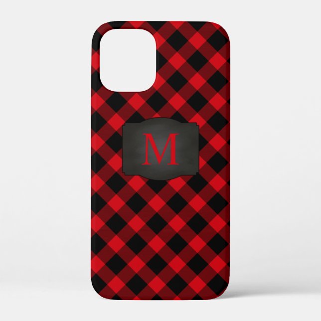 Trendy Red Black Buffalo Plaid Monogram iPhone 12 Case-Mate iPhone Case (Back)