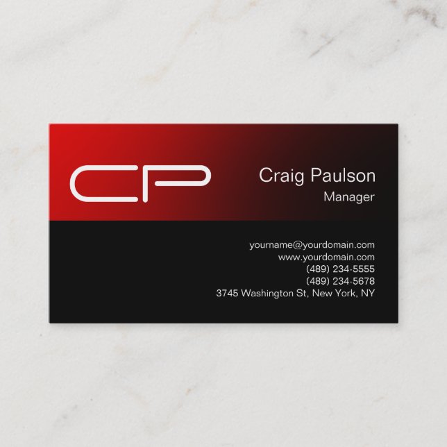 Trendy Red Black Chic Monogram Business Card (Front)