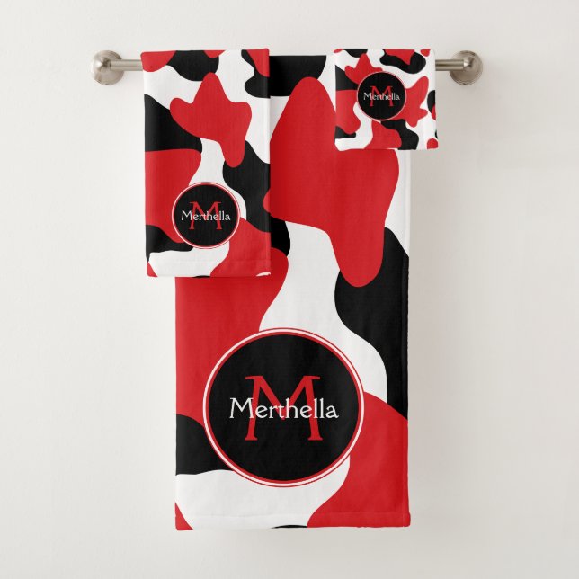 Trendy Red Black Cow Print Monogram Bath Towel Set (Insitu)