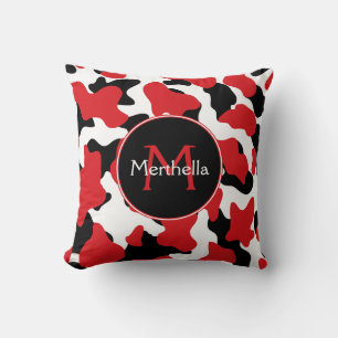 Trendy Red Black Cow Print Monogram Cushion