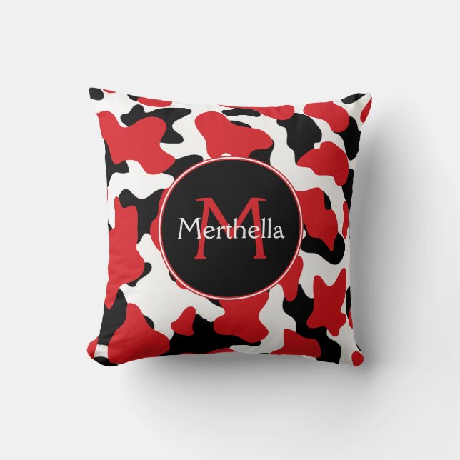 Trendy Red Black Cow Print Monogram Cushion (Front)