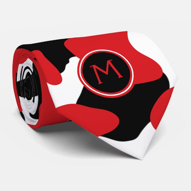 Trendy Red Black Cow Print Monogram Tie (Rolled)