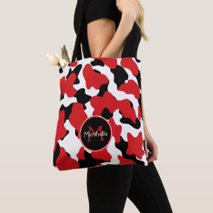 Trendy Red Black Cow Print Monogram Tote Bag