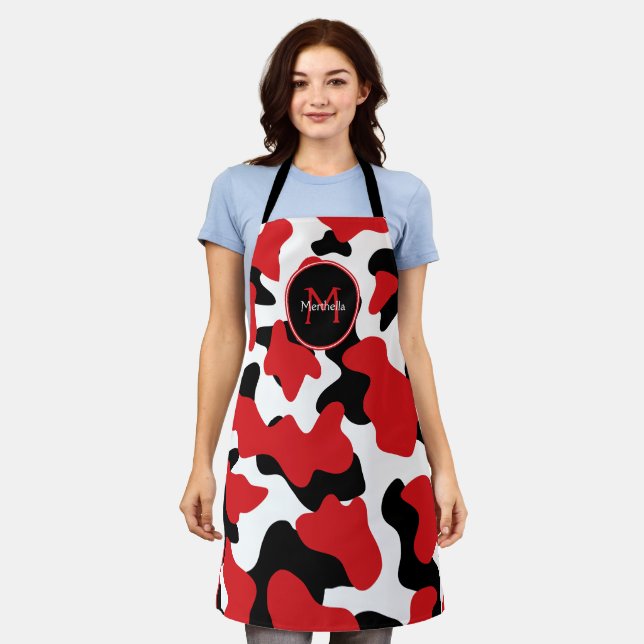 Trendy Red Black Cow Print Personalised Apron (Worn)