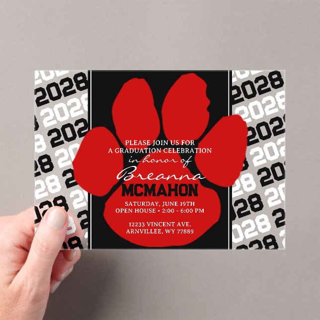 Trendy Red & Black Graduation Pawprint Clear Acrylic Invitations (Insitu (Handheld))