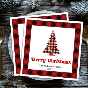 Trendy Red Black Plaid Tree Napkin Custom Name