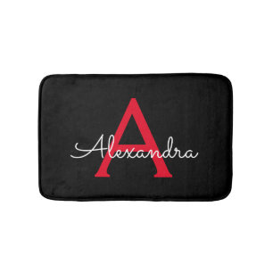 Trendy Red Black Script Girly Monogram Name Bath Mat