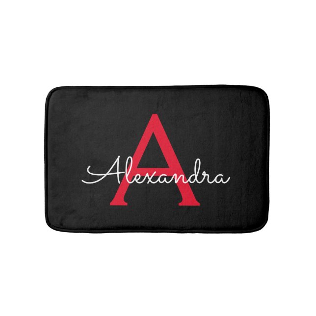 Trendy Red Black Script Girly Monogram Name Bath Mat (Front)