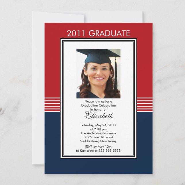 Trendy Red & Blue Photo Graduation Invitation (Front)