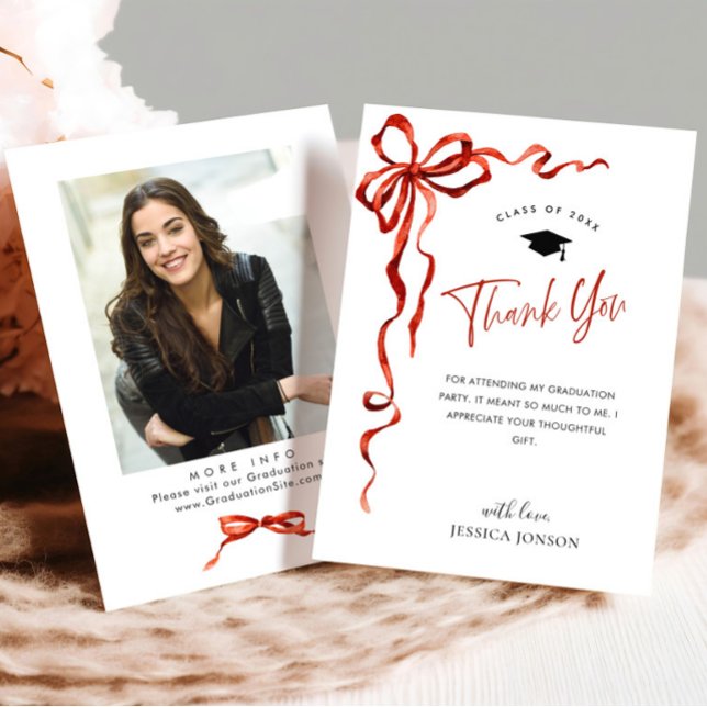 Trendy Red Bow Coquette PHOTO Graduation Thank You Card (Creator Uploaded)