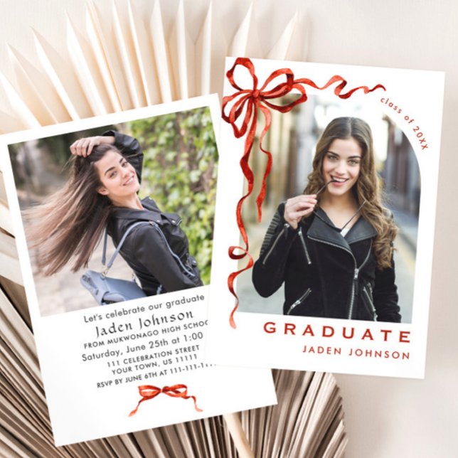 Trendy Red Bow Ribbon 2 PHOTO Graduation Party Invitation (Creator Uploaded)
