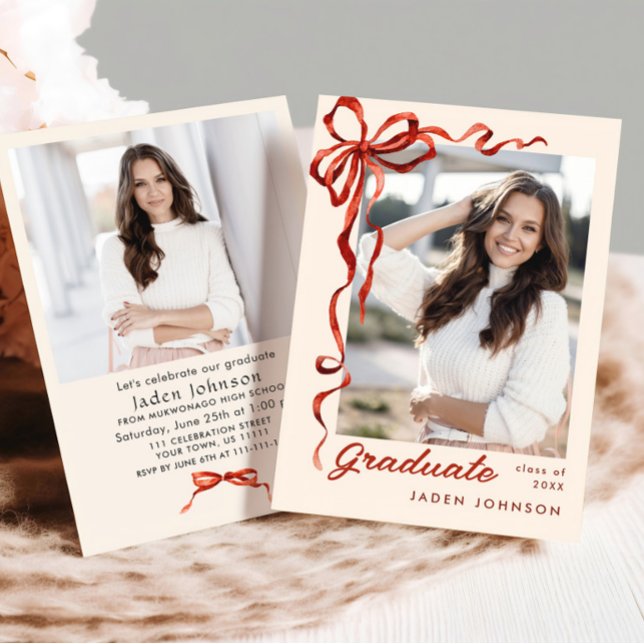 Trendy Red Bow Ribbon 2 PHOTO Graduation Party Invitation (Creator Uploaded)