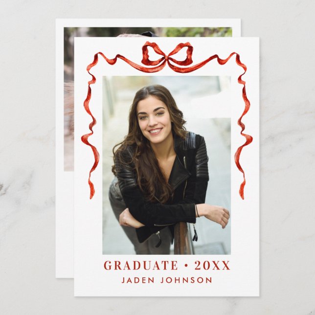 Trendy Red Bow Ribbon 2 PHOTO Graduation Party Invitation (Front/Back)