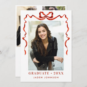 Trendy Red Bow Ribbon 4 PHOTO Graduation Party Invitation