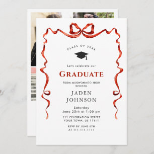 Trendy Red Bow Ribbon 4 PHOTO Graduation Party Invitation