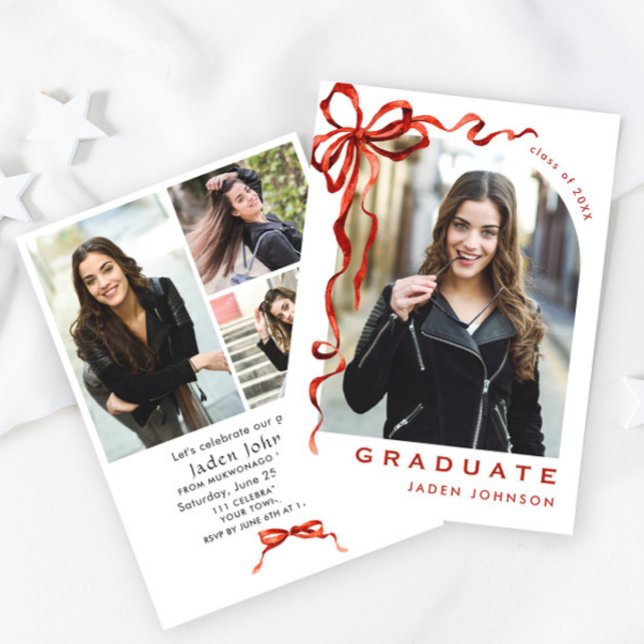 Trendy Red Bow Ribbon 4 PHOTO Graduation Party Invitation (Creator Uploaded)