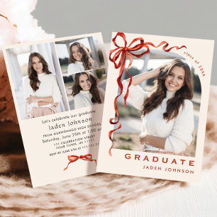 Trendy Red Bow Ribbon 4 PHOTO Graduation Party Invitation