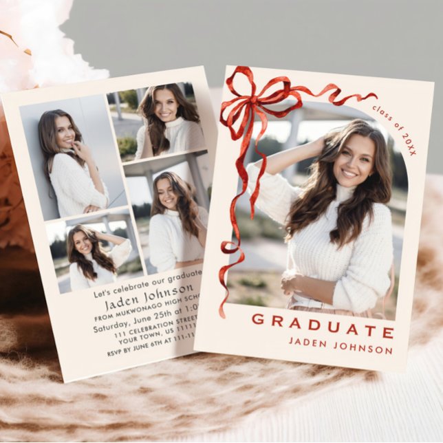 Trendy Red Bow Ribbon 5 PHOTO Graduation Party Invitation (Creator Uploaded)