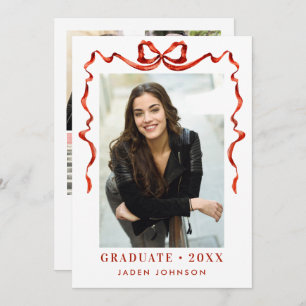 Trendy Red Bow Ribbon 5 PHOTO Graduation Party Invitation