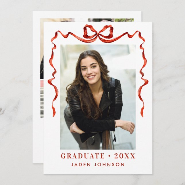 Trendy Red Bow Ribbon 5 PHOTO Graduation Party Invitation (Front/Back)