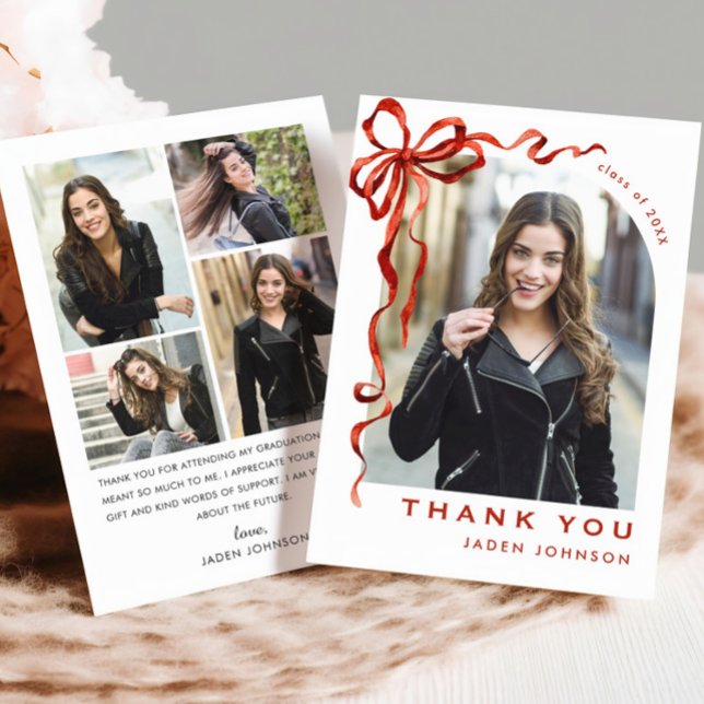 Trendy Red Bow Ribbon 5 PHOTO Graduation Thank You Card (Creator Uploaded)