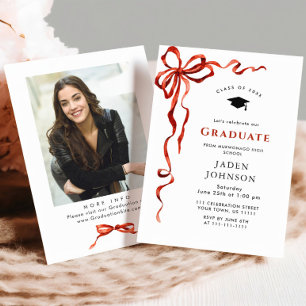 Trendy Red Bow Ribbon PHOTO Graduation Party Invitation