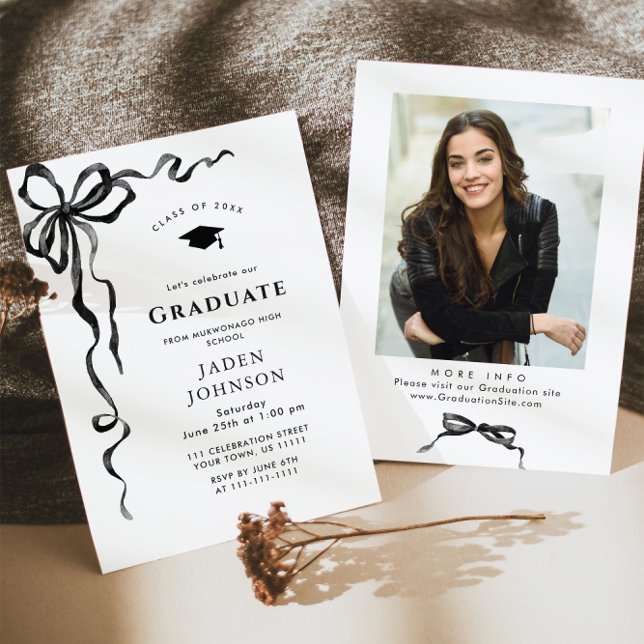 Trendy Red Bow Ribbon PHOTO Graduation Party Invitation (Creator Uploaded)