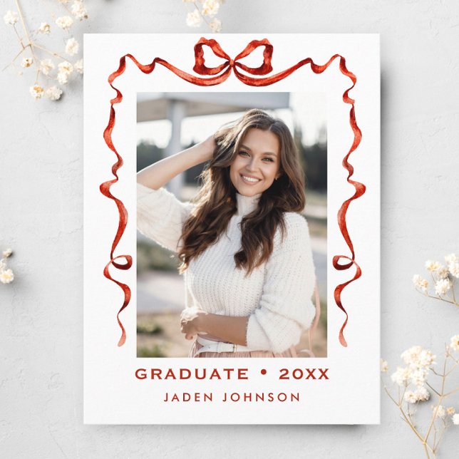 Trendy Red Bow Ribbon PHOTO Graduation Party Postcard (Creator Uploaded)