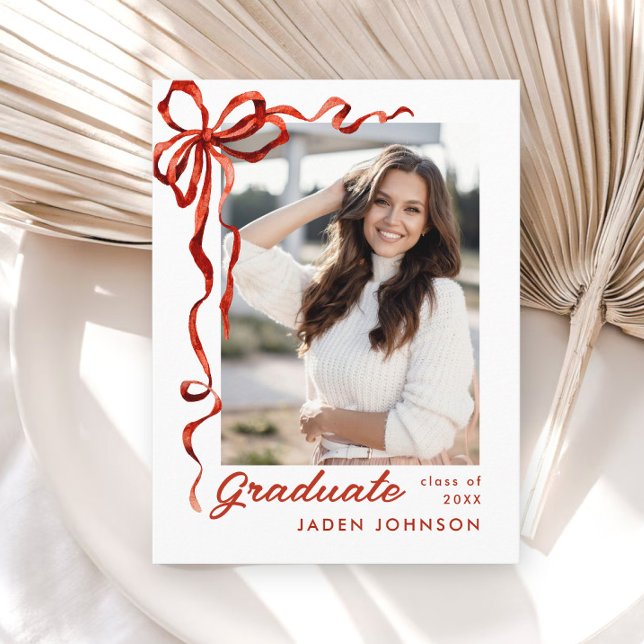 Trendy Red Bow Ribbon PHOTO Graduation Party Postcard (Creator Uploaded)