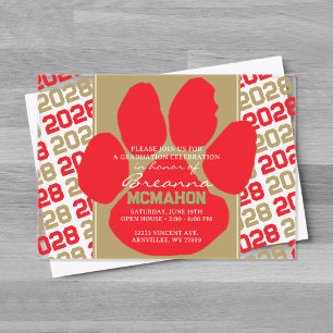 Trendy Red & Bronze Gold Graduation Pawprint Clear Acrylic Invitations