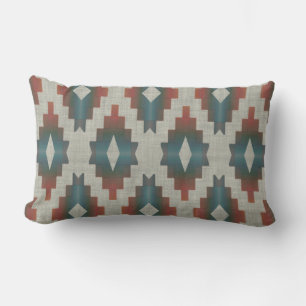 Trendy Red Dark Brown Taupe Teal Blue Tribal Art Lumbar Cushion