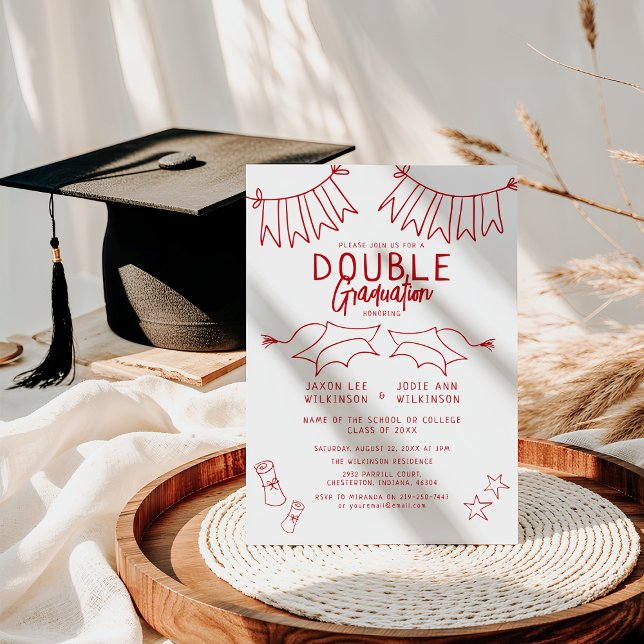 Trendy Red Doodle Double Graduation Party Invitation (Creator Uploaded)