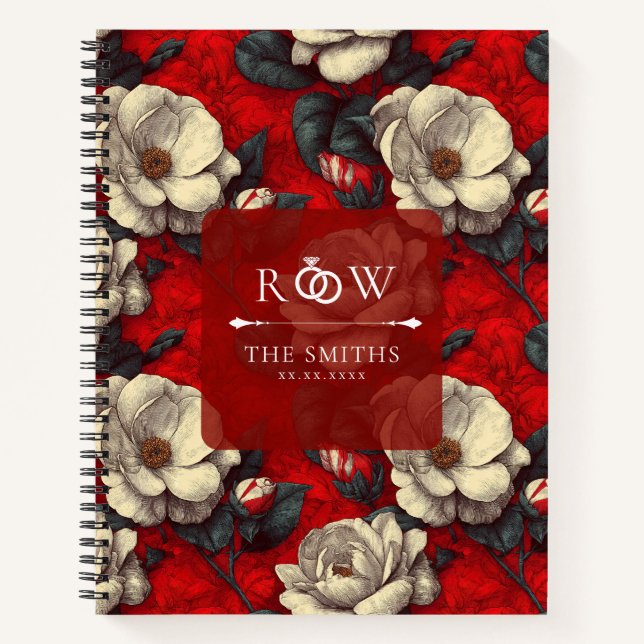 Trendy Red Gardenias Fantasy Rustic Wedding Notebook (Front)