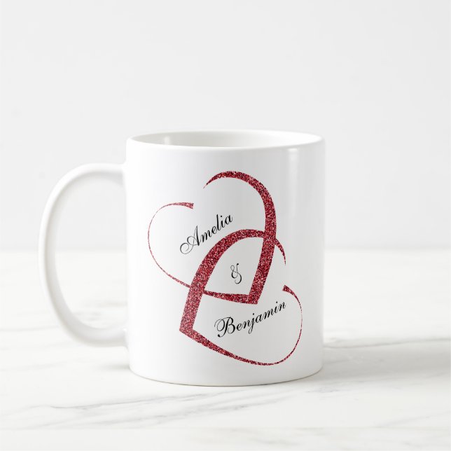 Trendy Red Glitter Hearts Together Forever Coffee Mug (Left)